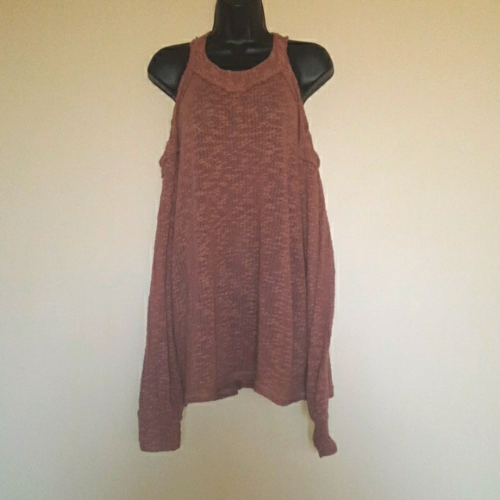 We The Free Cut Out Shoulder Slub Knit Raw Edge Dusty Rose Pink Top Size M